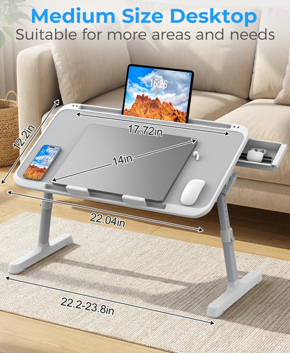 HETTHI Laptop Bed Table, Height & Angle Adjustable Laptop Desk for Bed with Premium Materials, Super Sturdy Foldable Laptop Bed Tray Table with Drawer for Bed Couch Floor (Gray, 22.04"×12.2")
