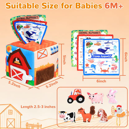MPQMPQ Baby Tissue Box Toy Farm Crink Plush,Whats Inside Box Montessori Toys with Rattle,Crinkle,Mirror for Babies 6 9 12 18 Months Early Developmental Infant Sensory Learning Toys Newborn Gifts
