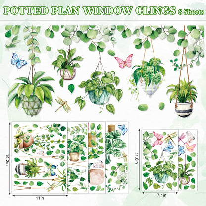 Whaline 6 Sheet Spring Summer Potted Plant Window Clings Hanging Vine Plant Eucalyptus Leaves Reusable Window Decals for Home School Office Party Supplies