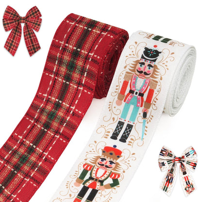 2 Rolls Christmas Ribbons for Crafting, 2.5" ×10 Yards Xmas Wired Edge Ribbon Christmas Cartoon Characters Craft Ribbons Red Wired Ribbon for Crafting Christmas Party Decorations Supplies