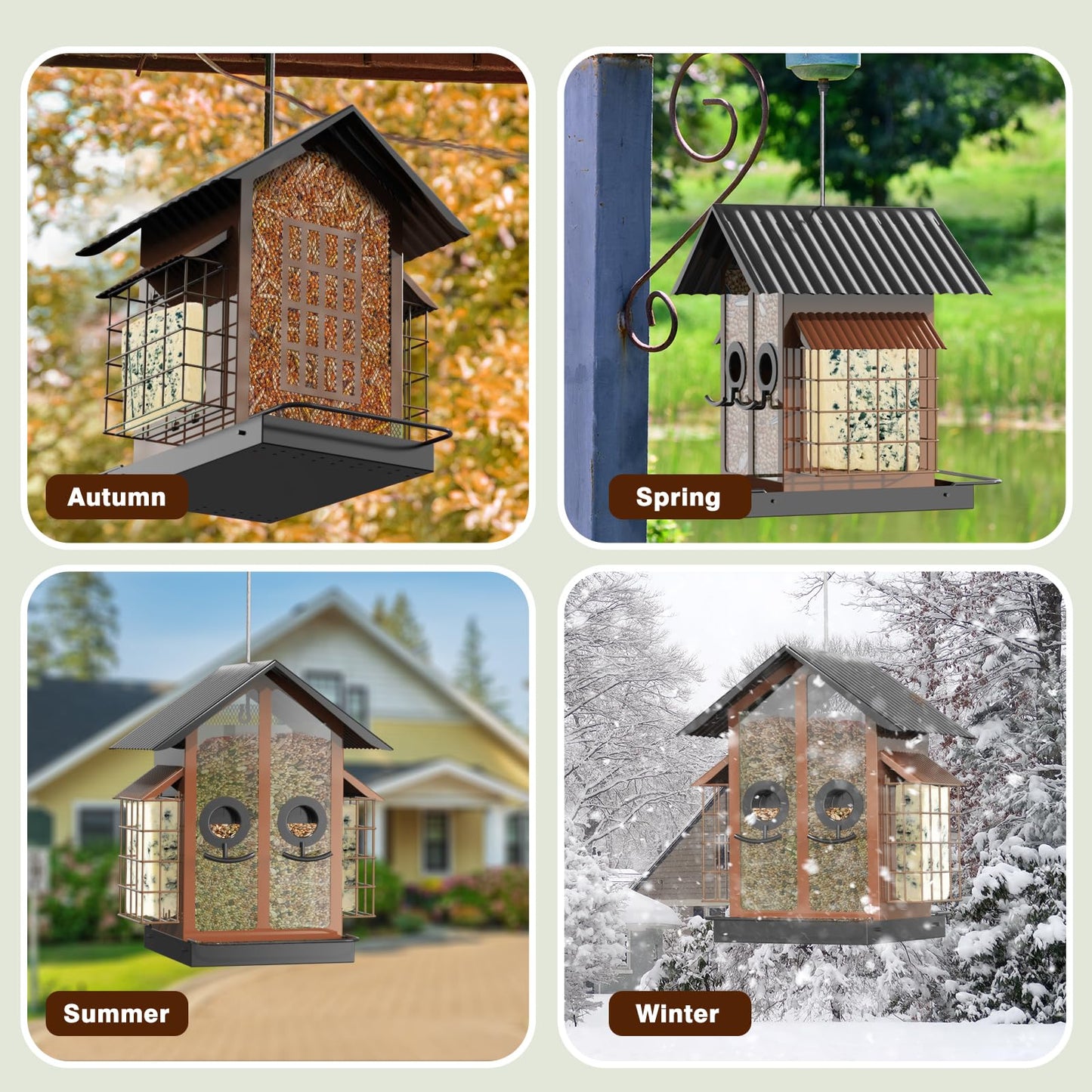 FlowaFoli Bird Feeders for Outdoors, Metal Bird Feeder with Double Suet Cage Weatherproof Metal Roof, 2 in 1 Mixed Seeds Suet Feeder, 4Lbs Large Capacity, Great for Finch、Cardinal、Chickadee（Brown）