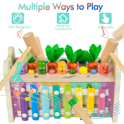 Amtreen 6-in-1 Wooden Montessori Toys for 1 Year Old, Mole-Tapping Game | Play the Xylophone | Frog Clock | Carrot Harvest Game | Spinning Gear, Baby Girls Toy Birthday Gift Early Learning