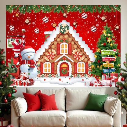 Christmas Backdrop Gingerbread House Backdrop for Wall Photoshoot Winter Merry Xmas Tree Background Santa Xmas Background Holiday Party Decorations 7x5ft