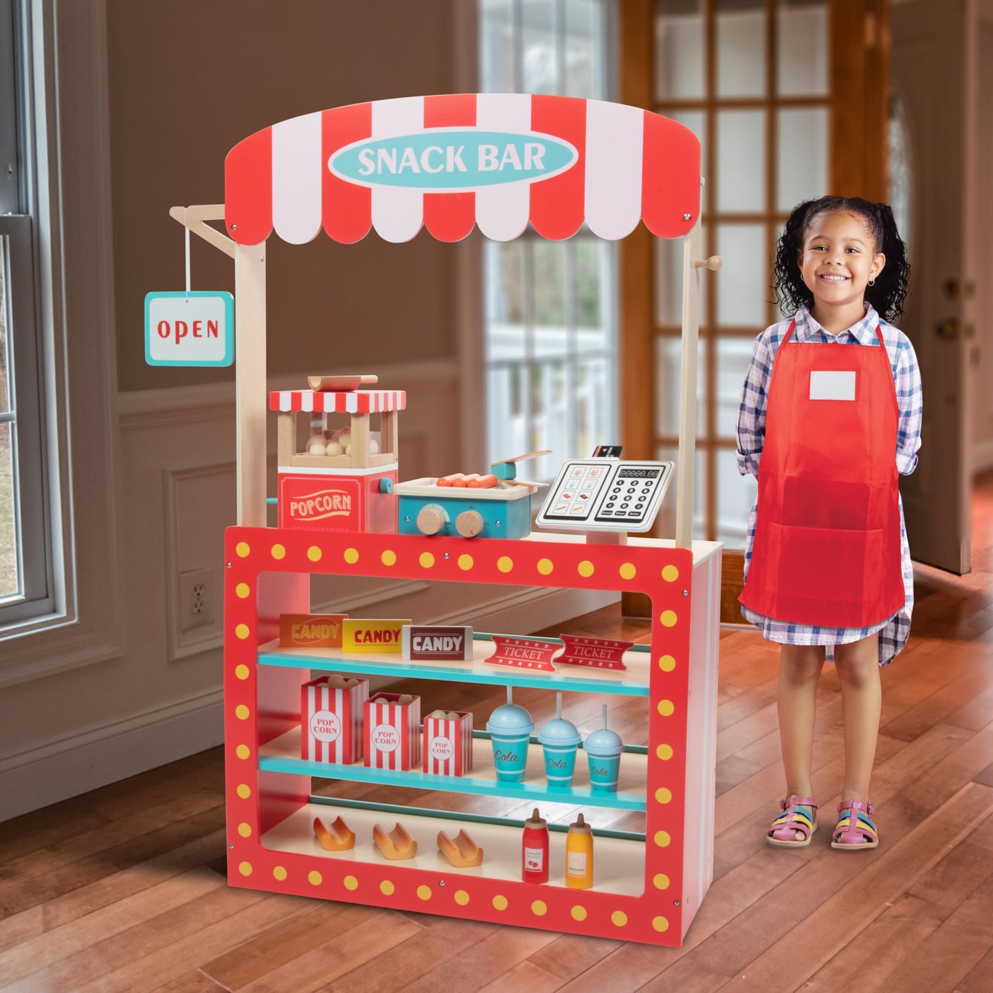 Movie Theatre Snack Bar Wooden Playset- Pretend Concession Stand Fun- Full Set w Popcorn Machine, Hot Dogs, Candy Bars, Sodas Cash Register, Credit Card- Kids Food Activity Center- Home or Daycare Toy