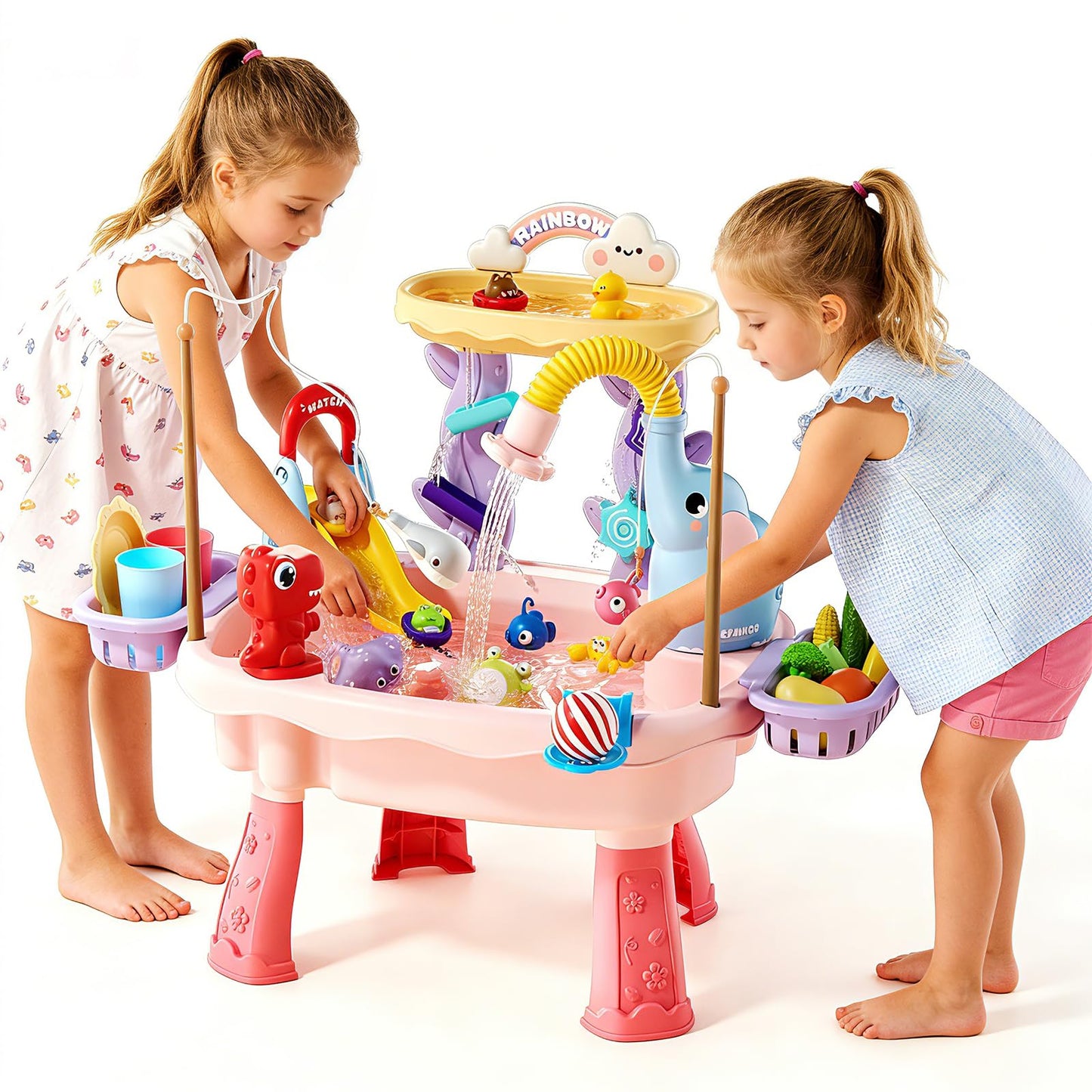 Poruary 2027 Upgraded Toddler Sand Water Table Toy with Electric Water Pump, Kids Sand Water with Faucet/Play Food Accessories/Fishing Toy, Kitchen Play Sink Toys for Girl Boy Age 3+ (Pink)