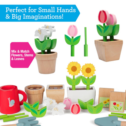 Bloom & Grow Gardening Center Wooden Toy Indoor Playset- 22 Pc Garden Stand Set w Flowers, Seed Packet, Pots Shovel Rake Apron Watering Pot- Interactive Fun Pretend Playtime Activity, Kids Summer Gift
