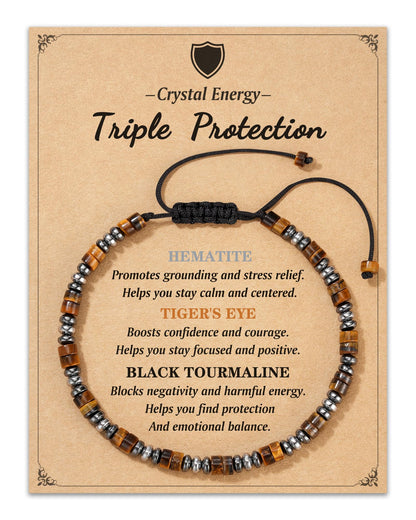 LAVEIR Triple Protection Bracelets Hematite Tigers Eye and Black Tourmaline Bracelet Grounded Empowered Protected for Men & Women Gifts for Mothers Fathers Day Christmas Birthdays Anniversary