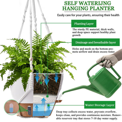 10 Inch Hanging Planters for Indoor Plants, 2 Pack Self Watering Hanging Baskets Flower Pots with Drainage Hole, Visual Reservoir & 2 Kinds of Plant Hanger for Outdoor Garden Home Decor (White)