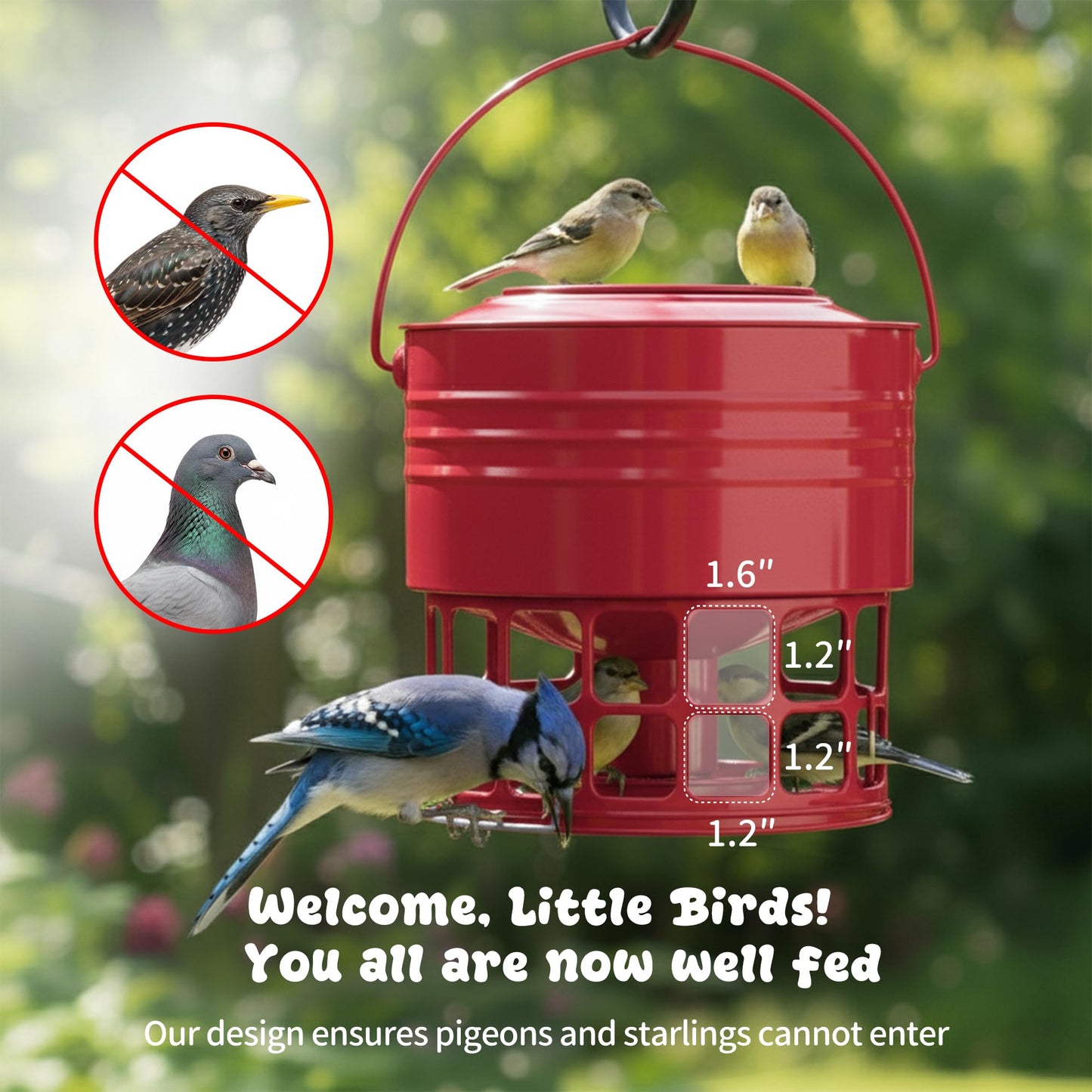 KOL Large Bird Feeder for Outdoors, 10LB Capacity Squirrel Proof Metal Feeder with 32 Feeding Ports & 3 Perches, Easy-Clean Hanging Birdfeeder for Cardinals, Bluebirds, Finches (Red)