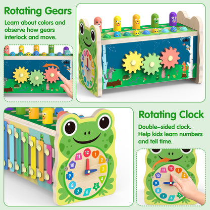 Amtreen 6-IN-1 Wooden Montessori Toys for 1 Year Old, Mole-Tapping Game | Play the Xylophone | Frog Clock | Carrot Harvest Game | Spinning Gear, Toddler Toys Aged 1-4, Baby Toy Gift for Early Learning