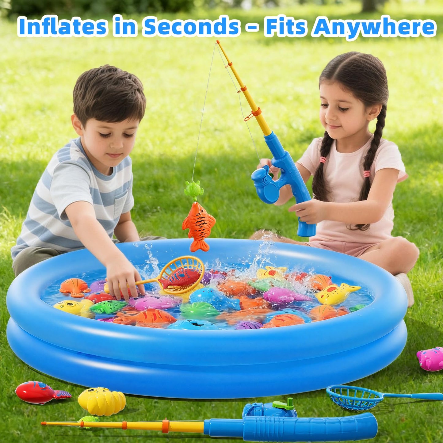 BLmukce Magnetic Fishing Game Toys with Inflatable Pool for Toddlers 1-3 3-5, Kids Bathtub Pool Water Table Toys, Birthday for 2 3 4 5 6 Year Old Boys Girls