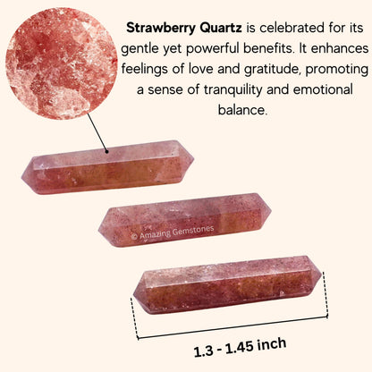 Amazing Gemstone Strawberry Quartz Crystal Points Bulk Healing Crystals and Stones - Pack of 3 Double Terminated Healing Wand Point Bulk Crystals for Crafts, Crystal Grid, DIY