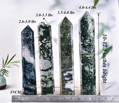 AMOYSTONE Extra Large Healing Crystal Obelisk Towers Moss Agate Point Wand Home Decor Reiki Healing 2.2-2.6LBS