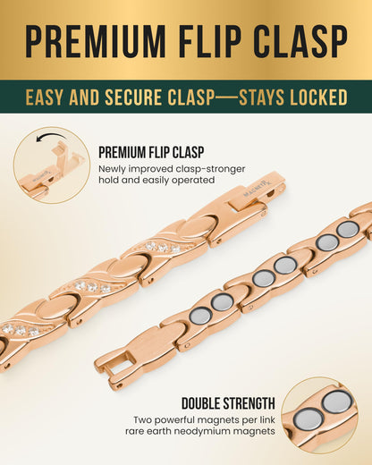 MagnetRX® Ultra Strength Magnetic Bracelets for Women – Double Magnet Stainless Steel Crystal Bracelet for Women – Adjustable Bracelet Length with Sizing Tool (Rose Gold XO)