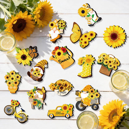 AFWHGM Sunflower Summer Wooden Ornaments Set - 30 Pcs Sunflower Tree Ornaments Garden Gnome & Flower Decor for Tree, Spring to Summer Home and Party Decorations
