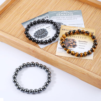 NCB 3-Piece 6mm Natural Crystal Gemstone Stretch Bracelets – ﻿Black Onyx, Hematite, Yellow Tiger's Eye Handmade Reiki Energy Healing Jewelry for Meditation,Yoga, Unisex