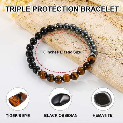 Gnamy Bracelet Gifts for Him Men Husband Boyfriend, Triple Protection Beaded Hematite Tiger Eye Black Obsidian Gemstone Bracelets Birthday Anniversary Healing Easter Valentines Christmas Jewelry Gifts