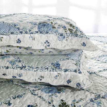 VIVILINEN Blue Floral Patchwork Quilt Set, Full Queen Size, 3 Piece Bedding Set with 2 Pillowcases