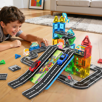 IGIVI Mini Magnetic Tiles Road Travel Essentials Set — Portable STEM Sensory Magnetic Building Blocks for Toddlers & Preschool, Compact Travel Toys for 3+ Boys & Girls, Easter Birthday Gift