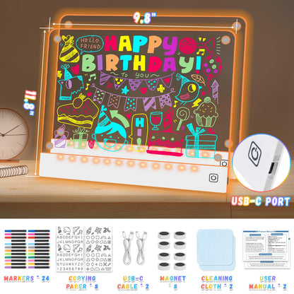 2pack Rechargeable LED Drawing Board for Kids with 7 Colors, Magnetic LED Note Lumi Board with 4 Magnets and Invisible Stand, Light up Acrylic Dry Erase Board Gift Toy for Kids/Girls