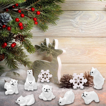 Feivando 40 Pcs Mini Resin Polar Bear Figurines with Snowflakes Tiny Little Winter Resin Animal Miniature Figures for Holiday Crafts Garden Micro Landscape Home Table Decor