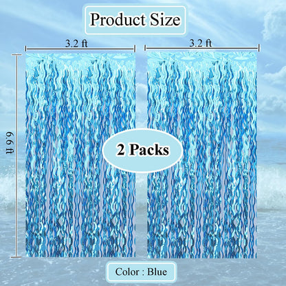 Wavy Tinsel Foil Fringe Curtains Teal Blue Streamers Backdrop for Ocean Themed Party Blue Birthday Under The Sea Party Decorations(2 Pack,3.2 ft x 6.6 ft)