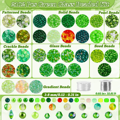 2102 Pcs Green Glass Beads for Bracelets with Elastic String,Green Beads for Beaded Plants,6mm Glass Beads for Jewelry Making Crystal Round Beads for Bracelet Necklace Beaded Plant DIY Crafts