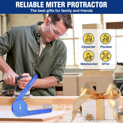 WORKPRO Aluminum Miter Saw Protractor, 7.3 Inch Angle Finder Featuring Precision Laser Engraved Scales for Inside and Outside Corner, Carpenters, Plumbers and All Building Trades, 360° Rotation, Blue