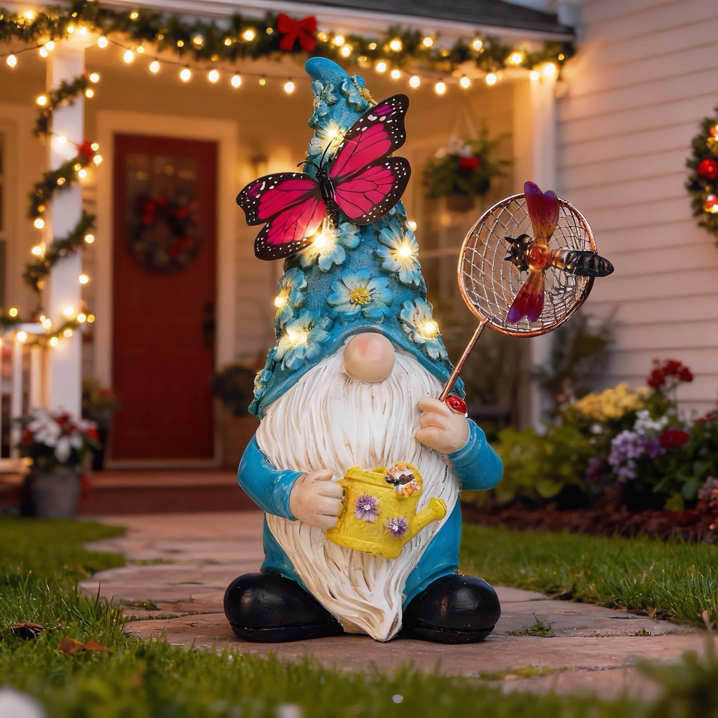 Foreby Garden Gnome Statues Outdoor Decor Solar Gnomes with Butterfly on LED Lighted Flowers, Resin Blue Gnomes Sculpture for Patio Yard Lawn Onament Decoration