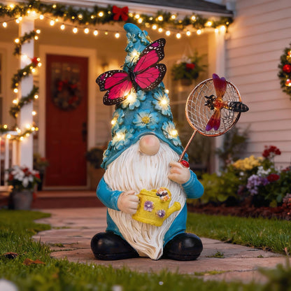 Foreby Garden Gnome Statues Outdoor Decor Solar Gnomes with Butterfly on LED Lighted Flowers, Resin Blue Gnomes Sculpture for Patio Yard Lawn Onament Decoration