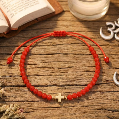 Opalencian Red Crystal Beads Drawstring Bracelet for Women,Gold Plated Cross Bracelets Charm Beads Good Luck Handmade Fashion Jewelry Gifts