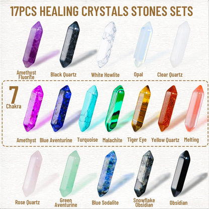 17Pcs Healing Crystals Stones Sets, Hexagonal Bullet Shaped Reiki Meditation Gemstone Chakra Stones Tiger Eye Obsidian Quartz Crystals Gemstone Wand Set Pendants with Storage Box
