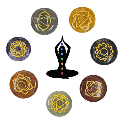 Amazing Gemstone 7 Chakra Set Reiki Healing Crystal with Engraved Chakra Symbols - Chakra Balancing Polished Palm Stones Set with Velvet Pouch