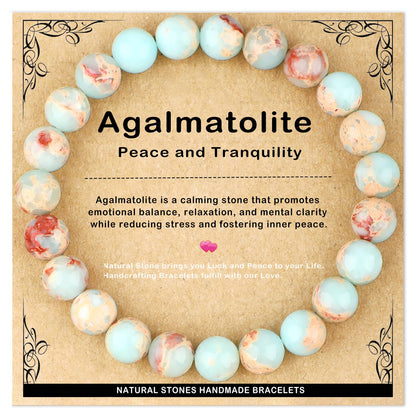AD Beads 8mm Handmade Agalmatolite Elastic Bracelet – Natural Gemstone for Peace and Tranquility – Meditation, Yoga, Healing and Energy Gift for Men Women