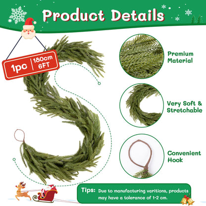 Findosom 6Ft Christmas Norfolk Pine Garland, Real Touch Artificial Winter Green Pine Garland for Mantle, Wall, Fireplace, Stairs, Table, Indoor & Outdoor Christmas Decorations
