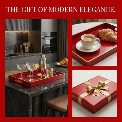 Umisriro Red Decorative Tray, Rectangular Serving Tray with Handles, Plastic Coffee Table Tray for Ottoman, Living Room, Kitchen Tabletop, 15.6” x 10.2” x1.37”