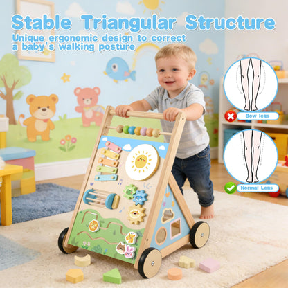 Ranqibo Wooden Baby Walker, Baby Walker with Wheels, Includes Montessori Sensory Toys and Activity Center, 6-18 Months for Boys and Girls