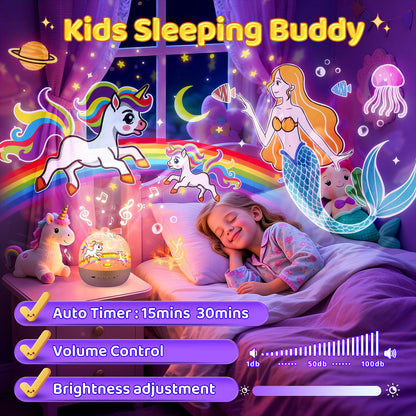 Pikoy Unicorn Toys for Girls Gifts, 15 Films+15 Lullaby Sound Machine for Kids Night Light Projector, Remote+Rechargeable Night Light for Kids Gifts, 360 °Rotation Princess Mermaid Toddler Girl Toys