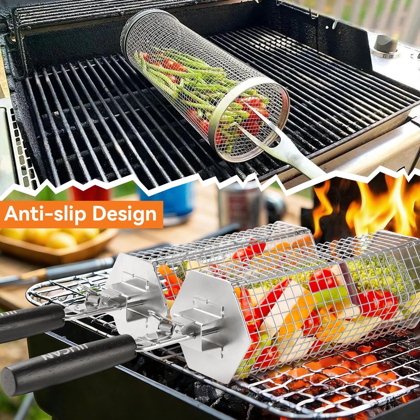 Grill Baskets Set, 2 PCS Stainless Steel Grill Baskets with Removable Wooden Handles, Nesting BBQ Tools, Hexagon Design for Outdoor Cooking Camping, Birthday Gifts for Men Dad Husband