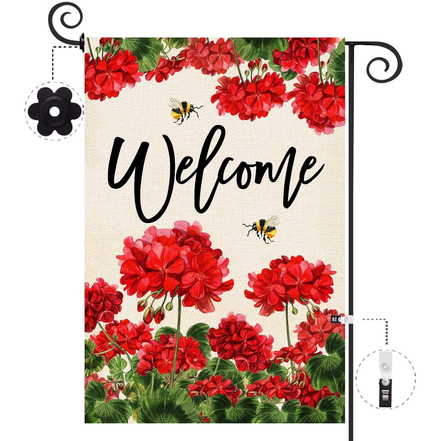 Baccessor Spring Summer Geranium Welcome Garden Flag Double Sided Summer Bee Red Floral Small Burlap Yard Flag House Seasonal Farmhouse Outside Outdoor Decoration 12.5 x 18 Inch