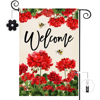 Baccessor Spring Summer Geranium Welcome Garden Flag Double Sided Summer Bee Red Floral Small Burlap Yard Flag House Seasonal Farmhouse Outside Outdoor Decoration 12.5 x 18 Inch