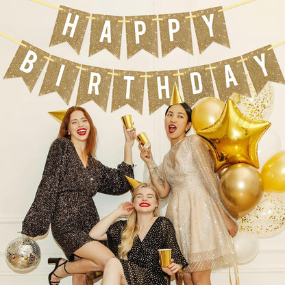 Netnology Pre-Strung Gold Happy Birthday Banner Decorations,12 ft No DIY Gold Glitter Birthday Party Banner Sign Decor for Women Men Girl Boy Party Supplies
