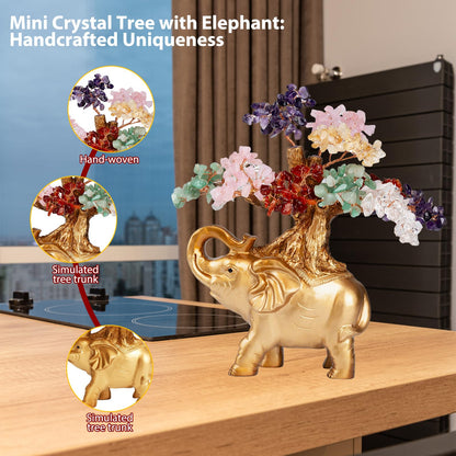 GEMBOURY 7 Chakra Crystal Money Tree on Gold Mini Elephant Statue, 10”Gemstone Bonsai Tree of Life Home Décor Gifts for Wealth Positive Energy, Feng Shui Décor
