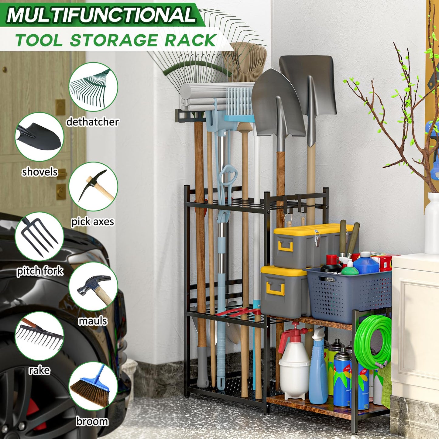 DAOUTIME Garage Tool Organizer with 2-tier Wooden Shelves, Yard Tool Organizer for Garage with 6 Hooks, Heavy duty Steel Garden Tool Rack Holds up to 35 Long Handled Yard tools for Storage, Black
