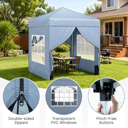 Tangkula 6.5x6.5 FT Pop Up Canopy, UPF50+ Outdoor Canopy Tent with 2 Removable Sidewalls, 2 Zippered Doors, Heavy-Duty Carbon Steel Frame, Wheeled Bag, 4 Sandbags, 8 Stakes, 4 Wind Ropes (Gray)