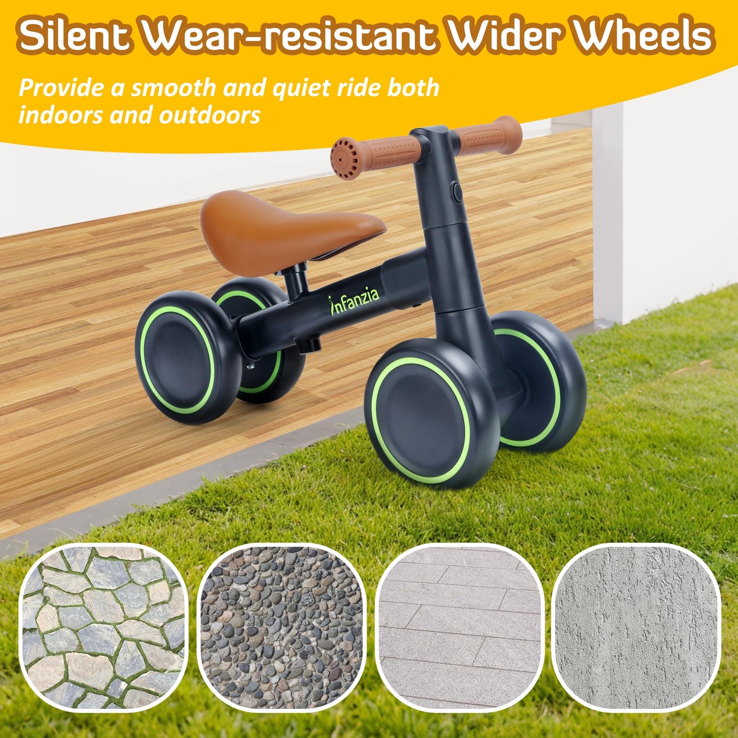 INFANZIA Baby Balance Bike for 12-36 Month Boys Girls, 1 Year Old Toddler First Bike No Pedal with Adjustable Seat, Infant 4 Wheels Bicycle Ride On Toys Kids First Birthday Gifts (Black)
