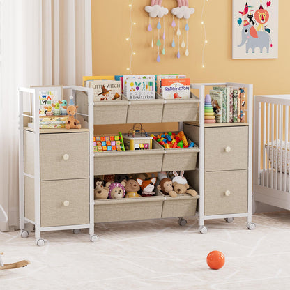 Kids Toy Organizers and Storage Bins - 7 Storage Bins + 4 Fabric Drawers + 2 Bookshelf, Playroom Storage, Mobile Cart Organizer for Toy, Clothes, Blankets and Books - Off White
