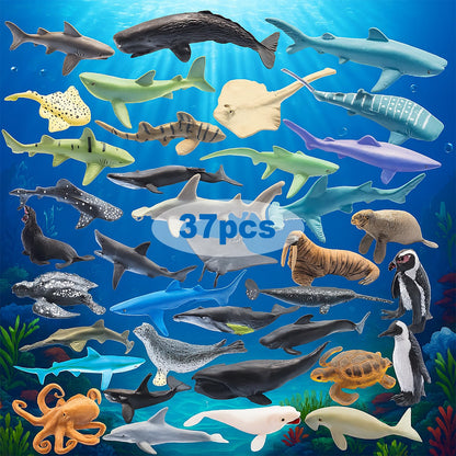 ZECHOCHOZE 37pcs Mini Ocean Animal Figurines Toys, Include Animals Like Realistic Sharks, Whales, Octopus, Turtles, Penguin, Suitable for Children's Parties, Cake Toppers, School Projects