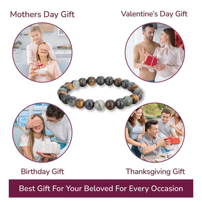 Crystal Vibe Triple Protection Bracelet - Tiger's Eye - Bloodstone - Iolite - Natural Gemstone Healing Bracelet - 8mm Beaded Bracelet for Protection Balance - Elastic Adjustable Size