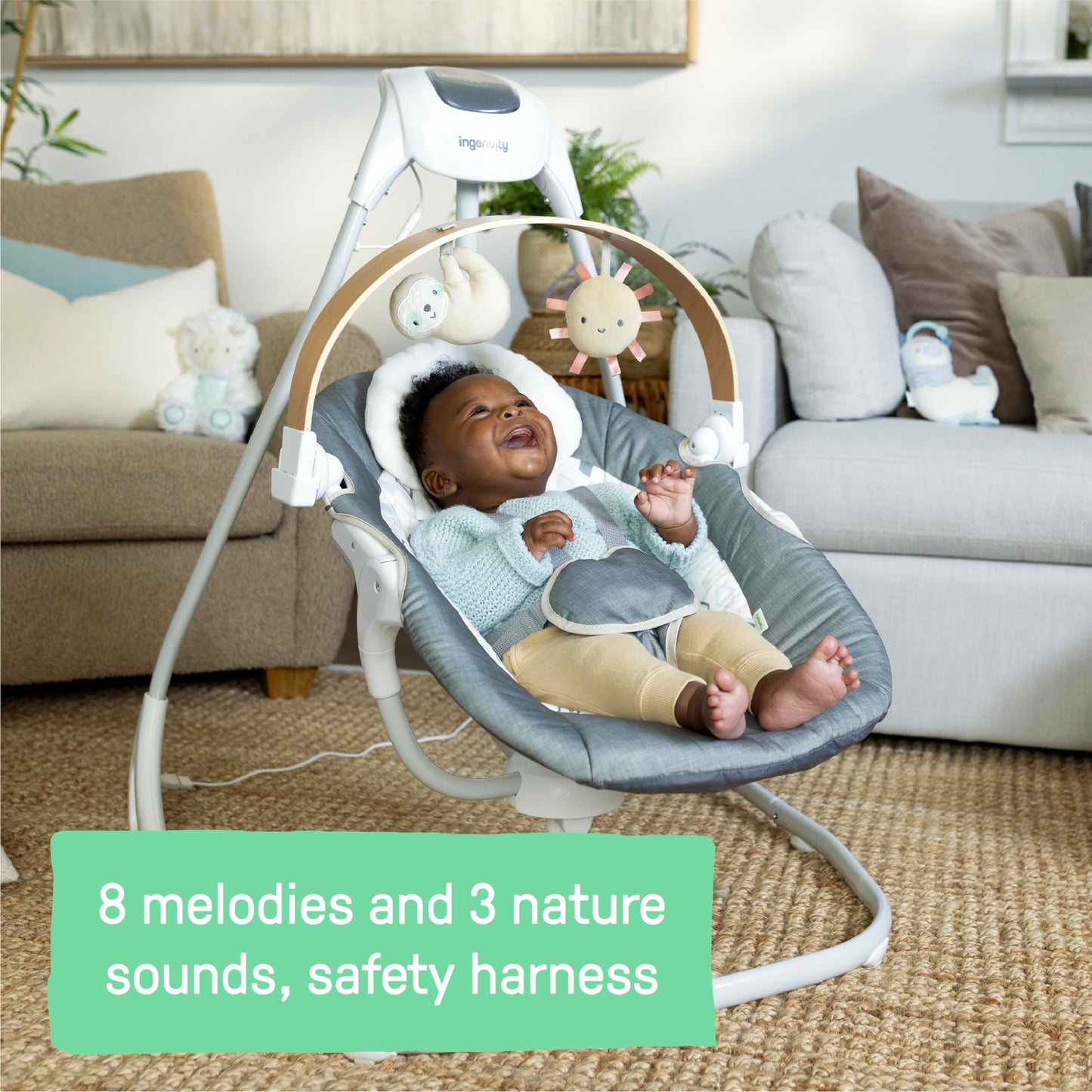 Ingenuity SimpleComfort Compact Baby Swing, Rotating Seat Swings in 3 Directions, 6 Speeds, 8 Melodies & 3 Nature Sounds, Ages 0-9 Months, Up to 20 Pounds - Parker